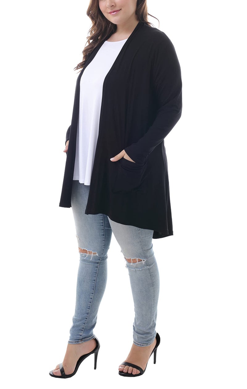 ZERDOCEAN Women's Plus Size Long Sleeve Lightweight Soft Printed Drape Cardigan with Pockets Black 4X - Image 5